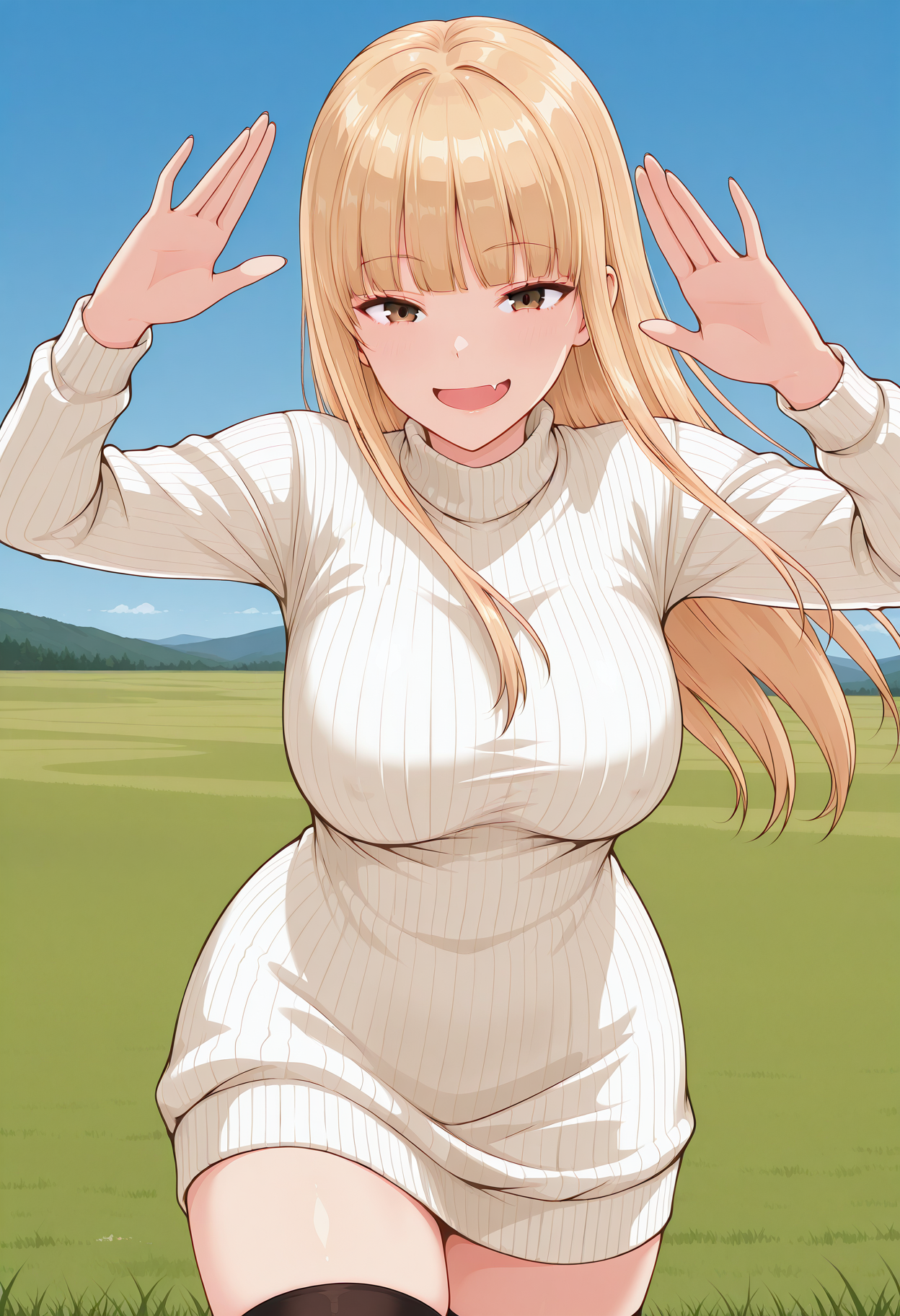 ruriko, fang, brown eyes, blonde hair, long hair, blunt bangs, sweater dress, white sweater, ribbed sweater, turtleneck, long sleeves, thighhighs, zettai ryouiki, <lora:ruriko_illustrious_ver2:0.8> 
smile,, masterpiece, best quality, sensitive,, 1girl, solo, blue sky, (grasslands:1.2), looking at viewer,, (cowboy shot, dynamic pose:1.4),