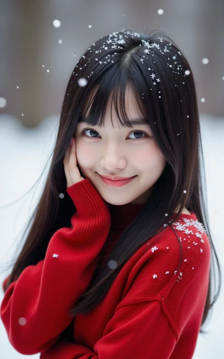 A black-haired girl wearing a red sweater,captured from a slightly low angle. She smiles gracefully,with one hand touching her cheek in an elegant,relaxed gesture. Snowflakes softly fall around her,some resting on her hair and shoulders. The winter background is blurred,enhancing the cozy atmosphere,realistic photography style.,
<lora:baby-base-01-flux:0.7>,baby,long black hair,bangs,she has a slender physique and a petite build,