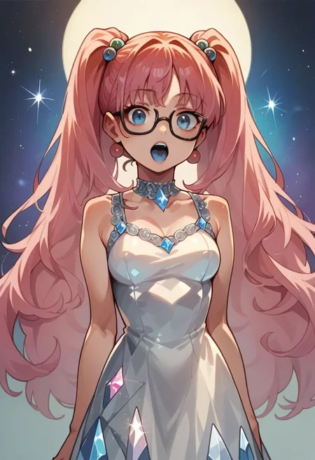score_9, score_8_up, score_7_up, score_6_up, score_5_up, score_4_up, 1girl, long hair, pink hair, blue_eyes, medium_breasts, petite, cute, looking_at_viewer, pigtails, red hair_bobbles, hands_on_hips, glasses, black_nails, Perfect Hands, perfecteyes,frilled_collar, blue_tongue, blue tongue, open_mouth, crystalline dress, black_dress, black sundress, covered_erect_nipples, cinematic_lighting, starry background