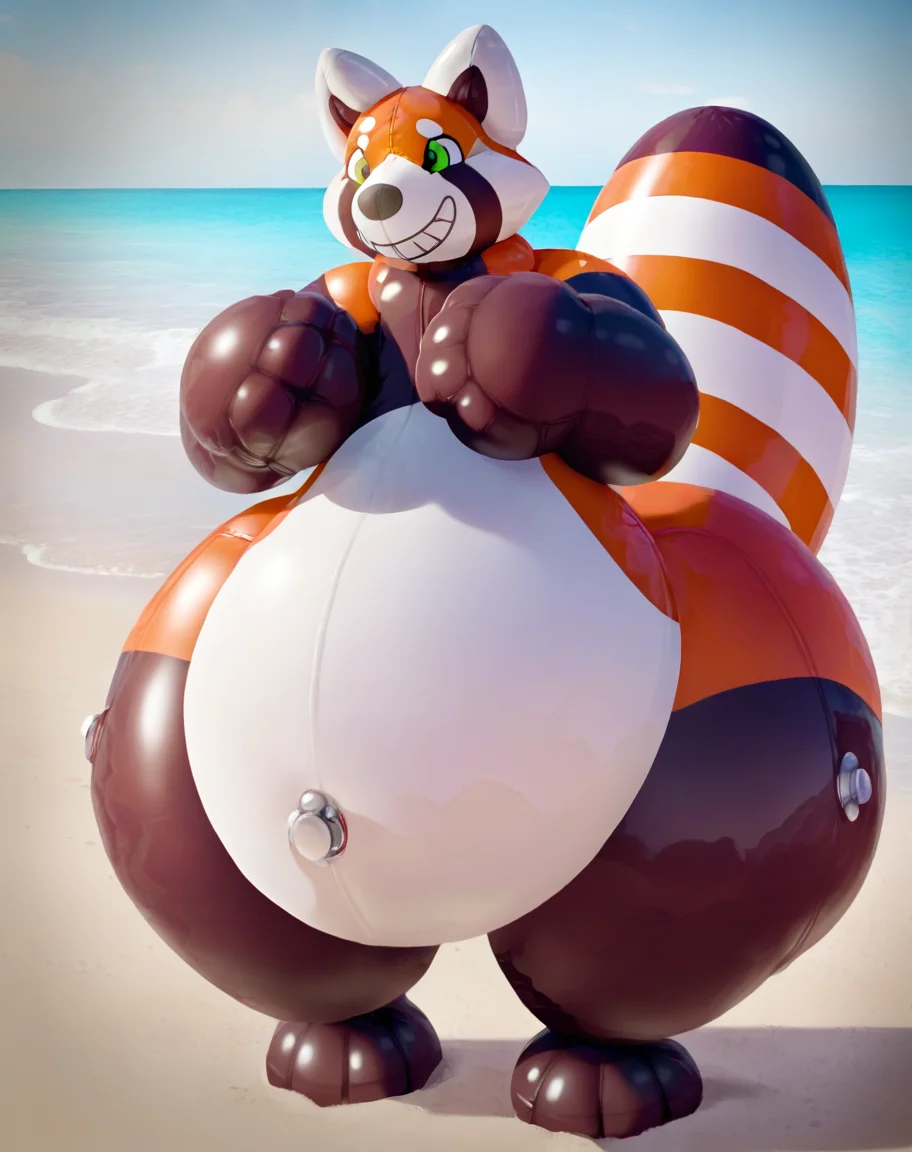 by cocofox, solo, red panda, anthro, male, ailurid, beach, inflating, living inflatable, permagrin, belly expansion, hip expansion, thigh expansion, puffed hands, navel nozzle, realistic, cinematic lighting, best quality, highly detailed, <lora:MaleInflationXL_042-Noob-nd64-na16-lr2-ep10:1>