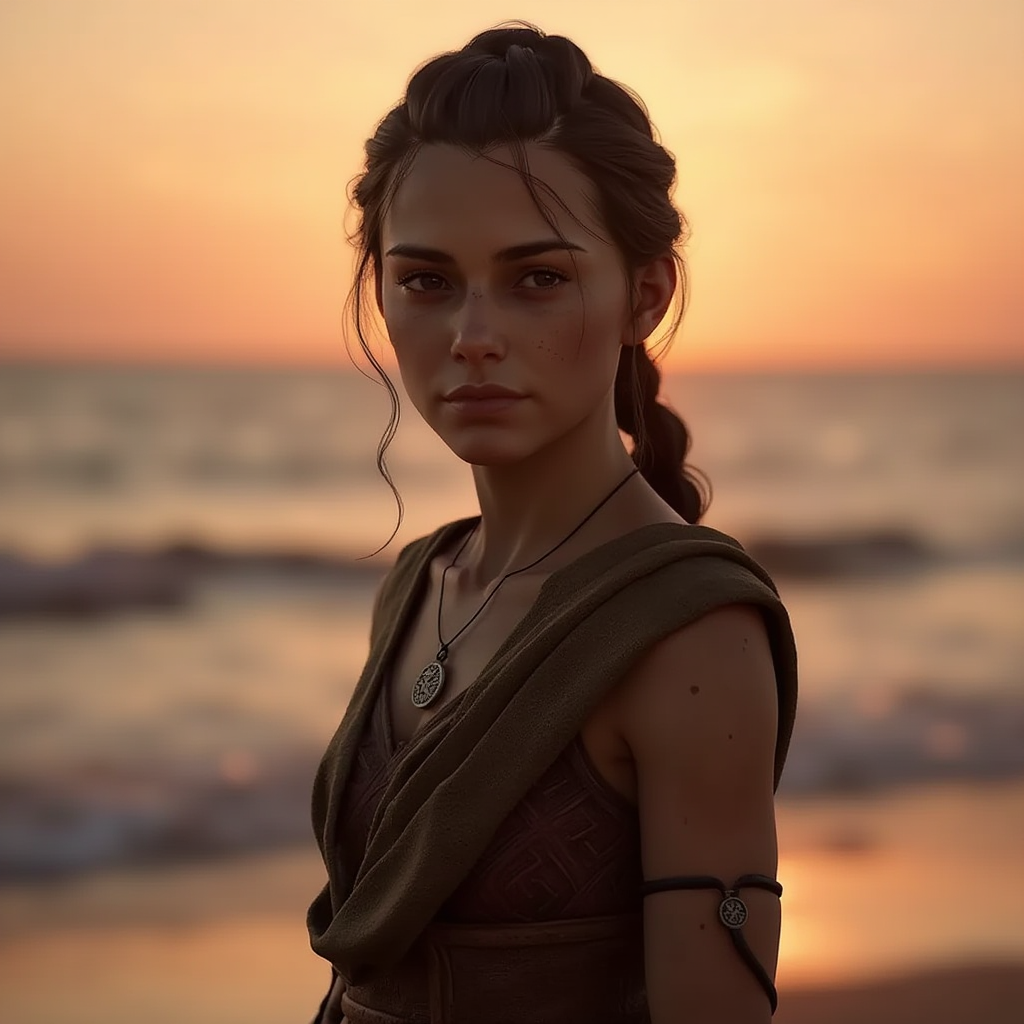<lora:amicia-de-rune:1>amicia de rune, Amicia de Rune, in summer attire, on a beach at sunset, with gentle waves in the background, in a concept art style.
