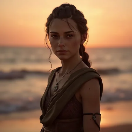 <lora:amicia-de-rune:1>amicia de rune, Amicia de Rune, in summer attire, on a beach at sunset, with gentle waves in the background, in a concept art style.