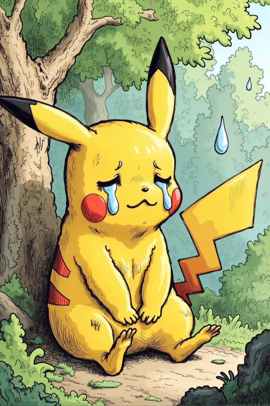 gusdore1 illustration. Pikachu crying, large tear drops on his face, under a green tree <lora:gusdore1_nocap_d4a2e8:1.0><lora:801219672541258564:0>