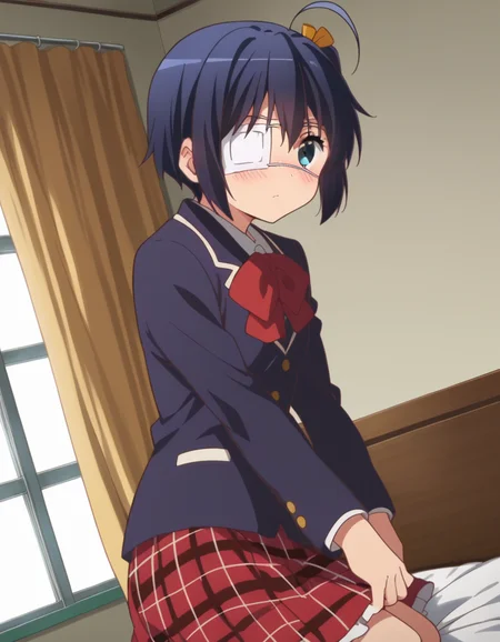 score_9, score_8_up, score_7_up, source_anime,
rikkatakanashi, <lora:rikka-takanashi-s2-ponyxl-lora-nochekaiser:1>,
rikka takanashi, short hair, blue eyes, black hair, ahoge, one side up, eyepatch, medical eyepatch,
skirt, school uniform, jacket, plaid, kneehighs, plaid skirt, blazer, icho private high school uniform,
indoors, bed, bed room, on side, blush, drunk,
looking at viewer, cowboy shot, dutch angle, solo,