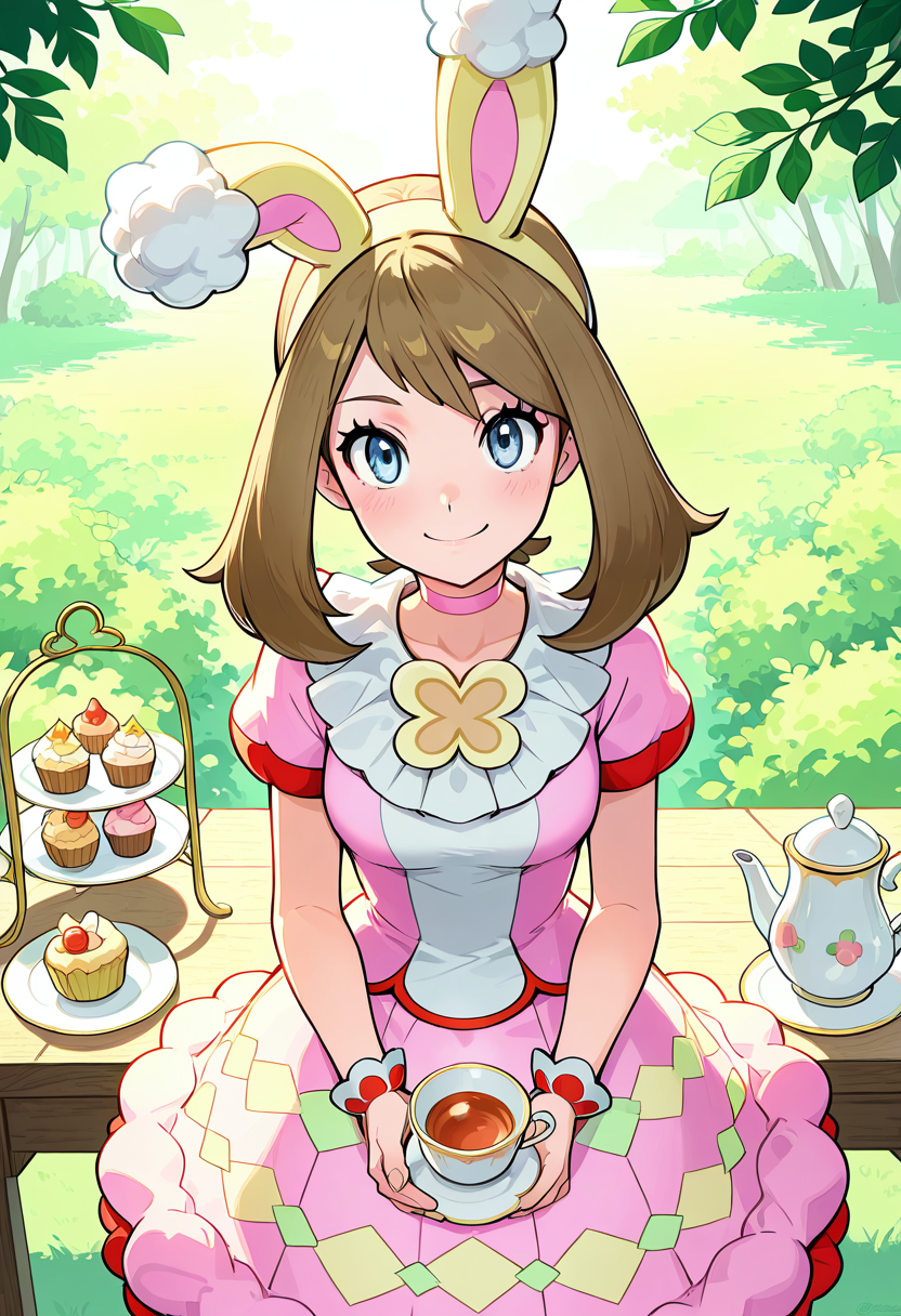masterpiece, best quality, 1girl, solo, eyelashes, (beautiful eyes), smile, looking at viewer,   zzMaySpring, medium hair, rabbit ears, pink choker, pink dress, wrist cuffs, garden setting, tea set, pastel colors, cupcakes, soft cushions, dappled sunlight. Seated gracefully under a blooming arbor, zzMaySpring pours tea into tiny porcelain cups, the perfect hostess in a peaceful spring garden.  <lora:MaySpring2021Pokemon_IXL_v2:1.0>,