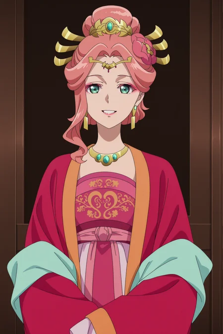 anime screencap, anime coloring, perfect face, detailed face,
<lora:Gyokuyou_and_Lihua_The_Apothecary_Diaries:.9>
1girl, solo, Gyokuyou, Gyokuyou's outfit, , pink hair, long hair, single hair bun, green eyes, hair ornament, earrings, jewelry, necklace, dress, hanfu, makeup,
cowboy shot, looking at the viewer, smile, mouth open, happy girl, teeth