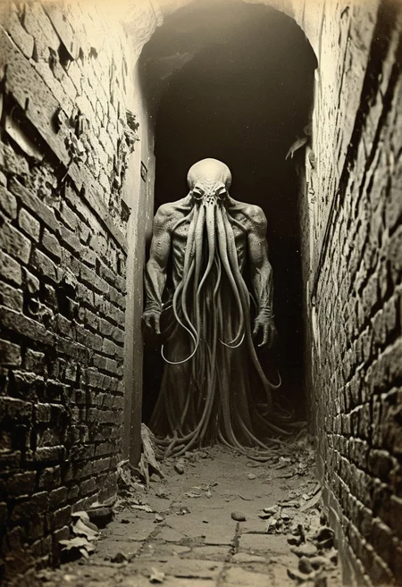 antique photo, eerie atmosphere, creepy, descent into madness, cthulhu, horror, lovecraft