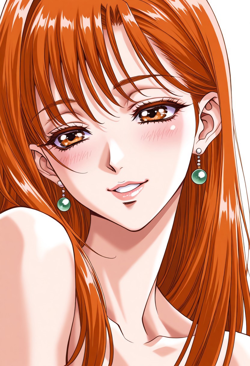 masterpiece, best quality, newest, highres, uncensored, 1girl, yokota mamoru style,1girl,Miyabi Arisa,long Hair, Orange hair, Straight hair, long legs,amber eyes，motion lines, , solo, open eyes,smile with love, earrings, jewelry, long hair, blush, close-up,, dutch angle, portrait, mature female