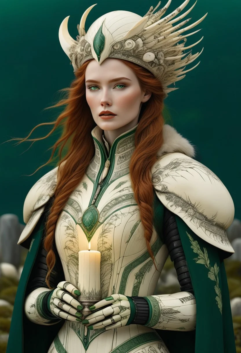 made out of scrimshaw, 1girl, solo, long hair, detailed eyes, natural eyes, very aesthetic, intricate eyes, confident, focused, at night, mascara, beautiful female, detailed, candles, dynamic shot, night, mature woman, bokeh, masterpiece, best quality, amazing quality, absurdres, thick lips, fully dressed, nbn-freyja, gloves, (anatomically correct:1.9), feminine strength, grief, freedom, ritual magic, auburn hair, photorealism, cinematic lighting, high fantasy, mythic portraiture, soft background, northern folklore aesthetic, (cybersuit made out of scrimshaw:1.8), (hat made out of scrimshaw:1.6), natural hands, cyberpunk, futuristic, outdoors, graveyard made out of scrimshaw, (green:2.6).