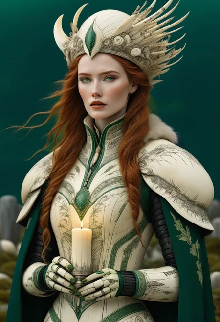 made out of scrimshaw, 1girl, solo, long hair, detailed eyes, natural eyes, very aesthetic, intricate eyes, confident, focused, at night, mascara, beautiful female, detailed, candles, dynamic shot, night, mature woman, bokeh, masterpiece, best quality, amazing quality, absurdres, thick lips, fully dressed, nbn-freyja, gloves, (anatomically correct:1.9), feminine strength, grief, freedom, ritual magic, auburn hair, photorealism, cinematic lighting, high fantasy, mythic portraiture, soft background, northern folklore aesthetic, (cybersuit made out of scrimshaw:1.8), (hat made out of scrimshaw:1.6), natural hands, cyberpunk, futuristic, outdoors, graveyard made out of scrimshaw, (green:2.6).