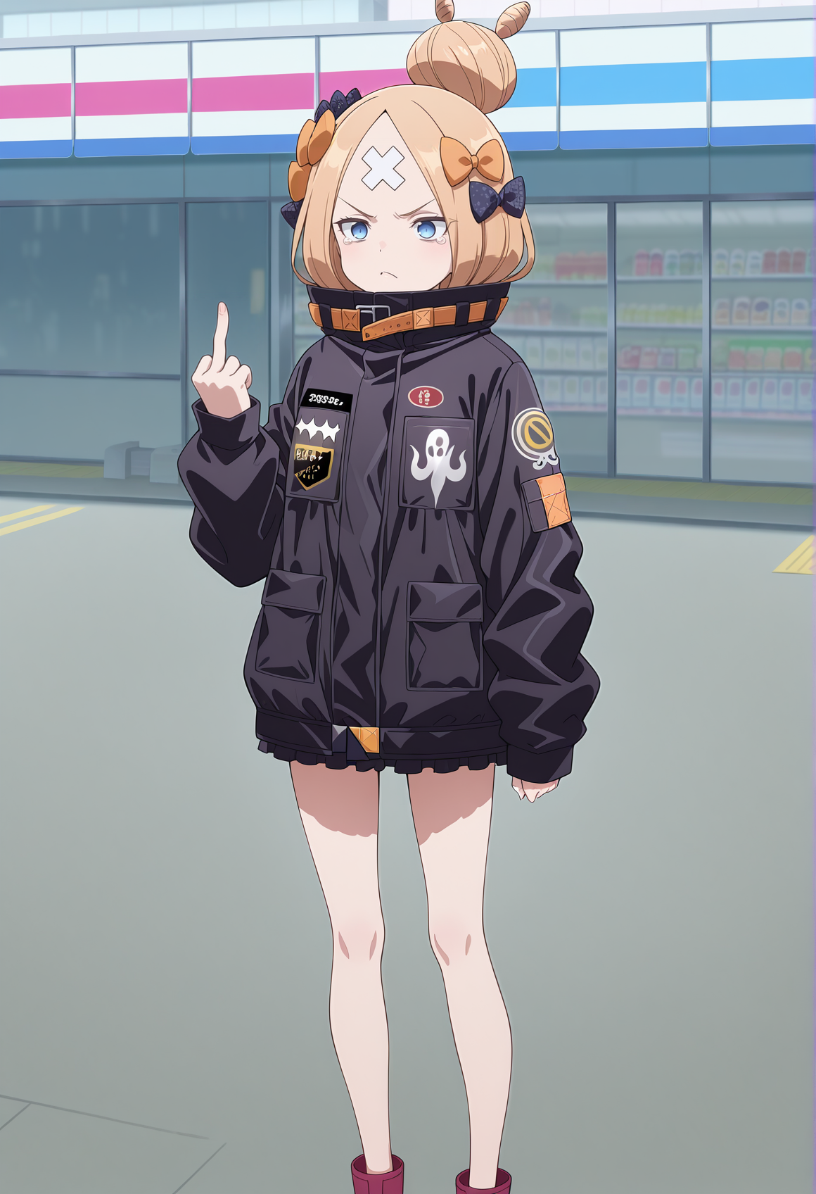 anime coloring, anime screencap, 1girl, blonde hair, long hair, blue eyes, forehead, single hair bun, parted bangs, crossed bandaids, hair bow, polka dot bow, orange bow, black jacket, high collar, long sleeves, sleeves past wrists, bare legs, tentacles, red footwear, outdoors, convenience store, angry, middle finger <lora:abby_2025_v2:1>, masterpiece, best quality, amazing quality, very aesthetic, absurdres, highres, newest