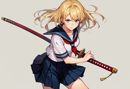 score_9_up score_8_up score_7_up, source_anime, 1girl, battoujutsu, blonde hair, serafuku, school uniform, pleated skirt
<lora:battoujutsu_stance_24retry_pony_rework_final_svd_d8:1>