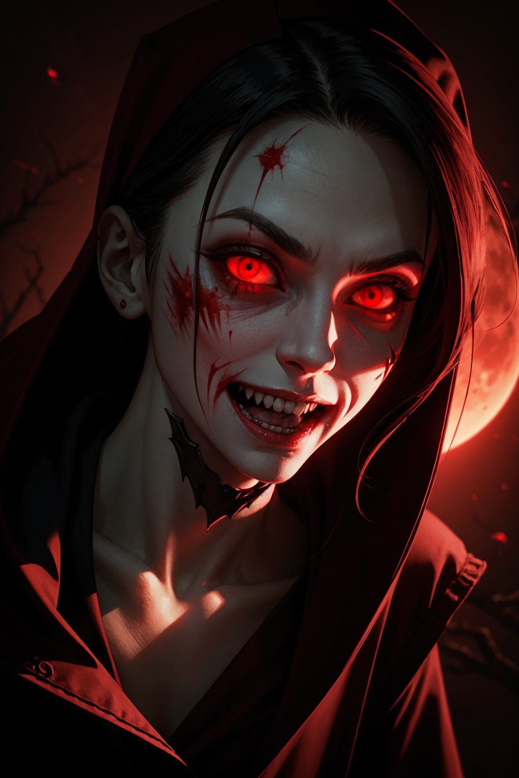 scary vampire nurse. blood moon. volumetric light. pointy teeth. bloody face. overalldetail-detail_++_-_overall_detail