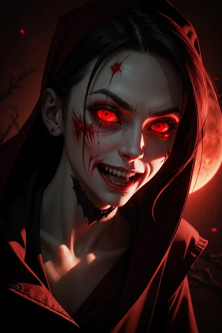 scary vampire nurse. blood moon. volumetric light. pointy teeth. bloody face. overalldetail-detail_++_-_overall_detail