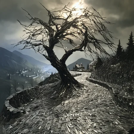 franglamex professional photolandscape, an old crooked tree in the background, a path, a village and mountains made of metal, high details and very detailed, cinematic, professional light<lora:franglamex:1>