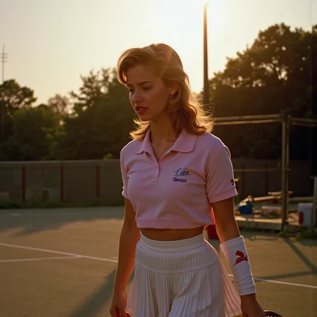 analog film photo retro 1980s slasher film still, 3/4 body shot on grainy Kodak analog film, a preppy high school girl stands alone on an empty tennis court at sunset, warm golden-hour haze, soft pastel tones, shallow depth of field, she wears a high-waisted pleated white skirt, pastel pink Izod polo shirt with a sweater loosely tied over her shoulders, vintage Reebok sneakers and tube socks, hair in a voluminous feathered blowout with soft golden highlights, glossy pink lipstick and subtle eyeliner for a sun-kissed natural glam look, holding a tennis racket down by her side like a weapon, camera angle low and tilted, lens flare and warm bloom from the setting sun, eerie stillness, the air feels thick with dread but she looks too perfect to notice, frozen in a moment before the scream
<lora:final-girlsv2.1:0.9> fgsv3 . faded film, desaturated, 35mm photo, grainy, vignette, vintage, Kodachrome, Lomography, stained, highly detailed, found footage, RAW candid cinema, 16mm, color graded portra 400 film, remarkable color, ultra realistic, textured skin, remarkable detailed pupils, realistic dull skin noise, visible skin detail, skin fuzz, dry skin, shot with cinematic camera