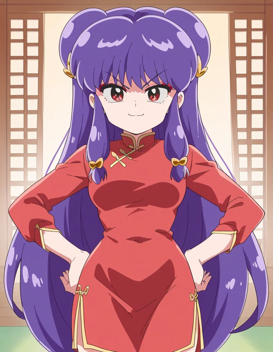 score_9, score_8_up, score_7_up, source_anime, <lora:shampoo-leak-ponyxl-lora-nochekaiser:1>, shampoo, shampoo (ranma 1/2), long hair, hair ornament, red eyes, purple hair, hair bun, double bun,, dress, chinese clothes, china dress, red dress, long sleeves,, indoors, smug, smile, looking at viewer, solo, hands on hips,, cowboy shot, dutch angle