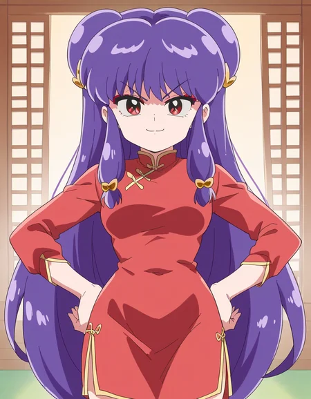score_9, score_8_up, score_7_up, source_anime, <lora:shampoo-leak-ponyxl-lora-nochekaiser:1>, shampoo, shampoo (ranma 1/2), long hair, hair ornament, red eyes, purple hair, hair bun, double bun,, dress, chinese clothes, china dress, red dress, long sleeves,, indoors, smug, smile, looking at viewer, solo, hands on hips,, cowboy shot, dutch angle