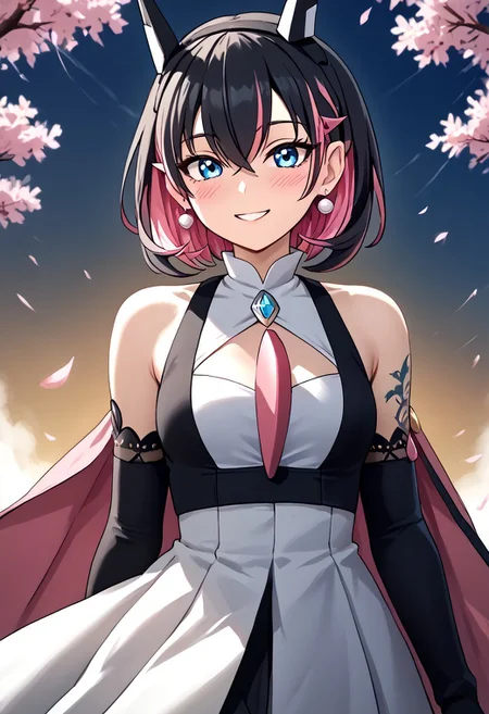 score_4,score_5,score_6,score_7_up,score_8_up,score_9 ((masterpiece,best quality,ultra detailed,highres,HD,4k:1.2)), 
1 girl,solo,face focus,
((Hair between the eyes,), gardevoir, human,
short hair,black hair,multicolored hair,Inner color pink hair,blue eyes,tattoo,black head gear,earrings,very small breast,
Elbow gloves,long skirt,Bare shoulders, corsets,cape,fingerless gloves,jewelry,
smile,.blush,light smile,