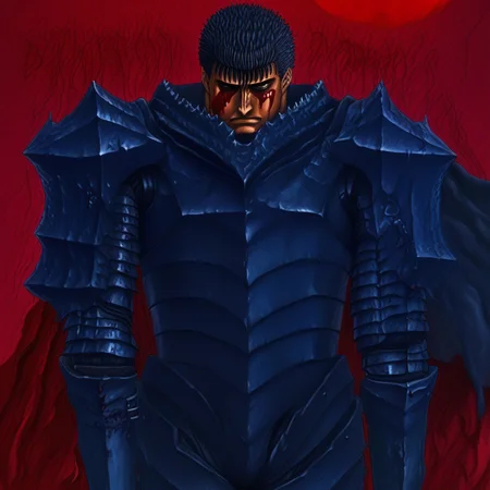 berserk_cover_illustration, full armor, blood, sad