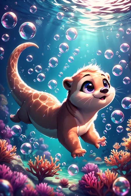 <lora:Dream_Bubble_Pony_r1:1>, dream bubble, adorable otter, big eyes, swimming in the ocean, underwater, score_9, score_8_up, score_7_up, score_6_up,