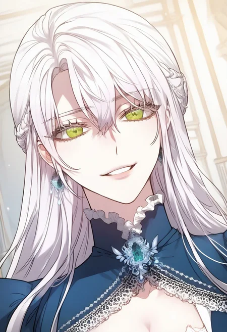 highly detailed, masterpiece, score_9,score_8_up,score_7_up, (manhwa artstyle), Charlize Rienta, White hair, Green eyes, Hair between eyes, Long hair, cowboy shot, high quality, high quality eyes, EyesHD, looking at viewers, front view, seductive smile