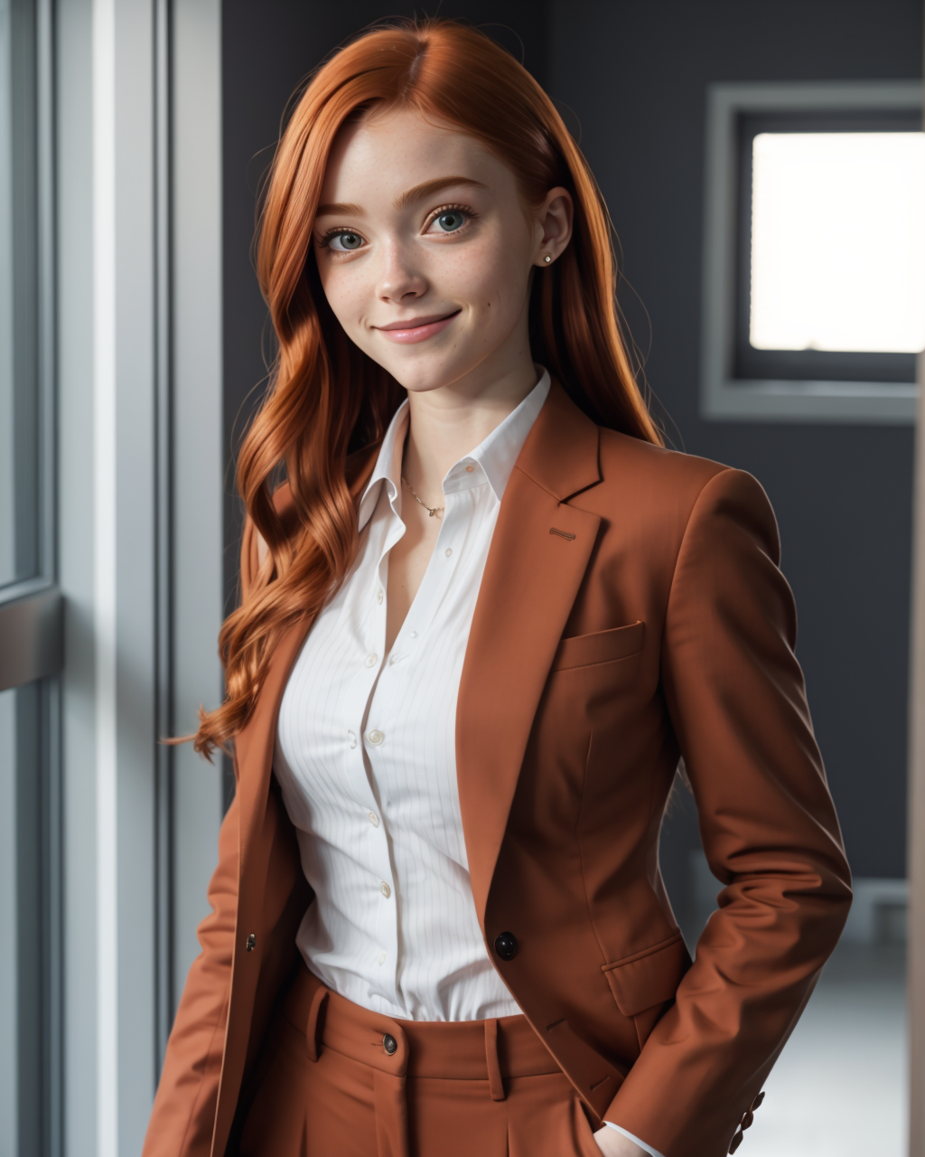 woman, abbyGNRC, repulsive possession, smiling, a Blazer and tailored trousers, Safe House