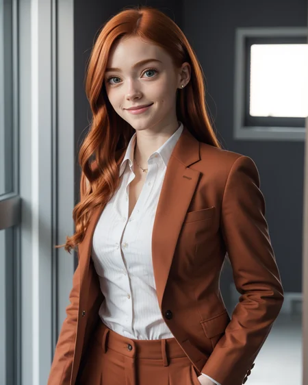 woman, abbyGNRC, repulsive possession, smiling, a Blazer and tailored trousers, Safe House