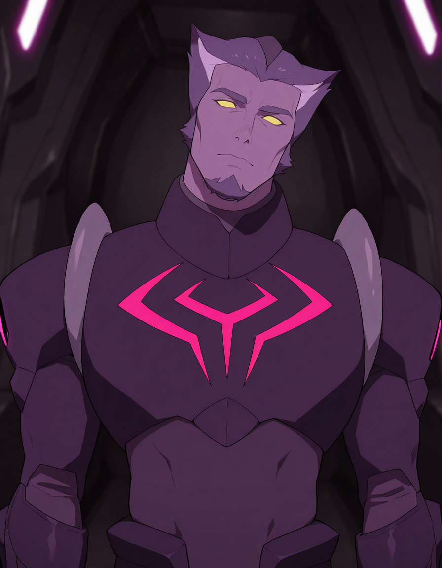 masterpiece, best quality, newest, detailed background, intricate details, male focus, realistic, solo, <lora:VLD - Thace - Illustrious-000007:0.8>,  vld_thace, 1boy, very short hair, multicolored hair, purple body fur, yellow eyes, glowing eyes, solid eyes, no pupils, no ears, goatee, body suit, breastplate, shoulder armor, arm guards, upper body, spacecraft interior, come hither, looking at viewer, head tilt