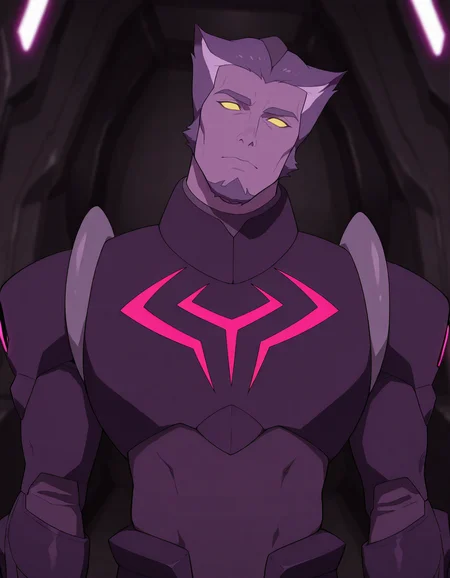 masterpiece, best quality, newest, detailed background, intricate details, male focus, realistic, solo, <lora:VLD - Thace - Illustrious-000007:0.8>, vld_thace, 1boy, very short hair, multicolored hair, purple body fur, yellow eyes, glowing eyes, solid eyes, no pupils, no ears, goatee, body suit, breastplate, shoulder armor, arm guards, upper body, spacecraft interior, come hither, looking at viewer, head tilt