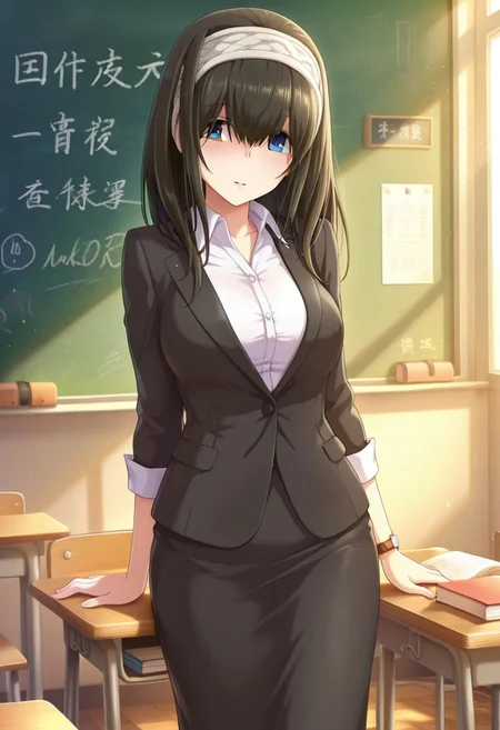 masterpiece,best quality,amazing quality, sagisawa fumika, black hair, blue eyes teacher, classroom, desk, book, long hair, skirt, suit, watch, formal, chalkboard, 1girl, solo
