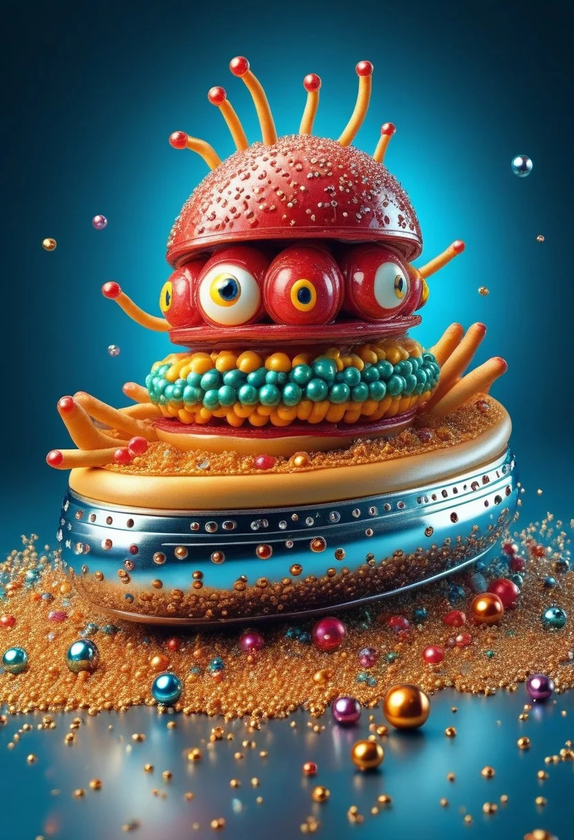 a very detailed realistic hotdog made out of shiny chrome-steel ball bearings, highly detailed cosmic background, masterpiece, absurdres