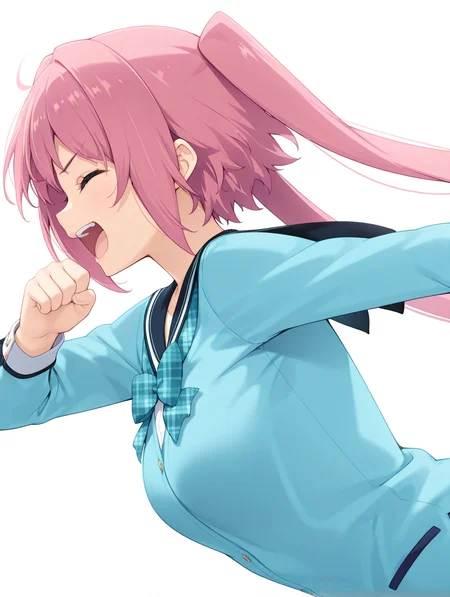 masterpiece,best quality,newest,1girl,solo,
<lora:hinata_ilxl_v1.2:1>,hinata,pink hair,blue eyes,twintails,medium breasts,h_clothes,long_sleeves,light blue uniform,
<lora:Fixhands_anime_bdsqlsz_V1:1>,
white_background,simple_background,profile,running,(motion_blur:1.2),motion_lines,laughing,closed eyes,clenched hand,upper_body,