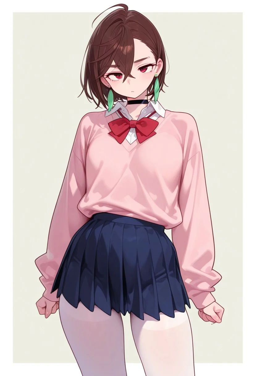 very awa, masterpiece, good aesthetic, best quality, absurdres,  hyper details, beautiful, gorgeous, very awa, masterpiece, good aesthetic, best quality, absurdres, nyalia, pureerosface_v1 easynegative, [:(detailed face:1.2):0.2], 
Ultra detailed body, extremely squishy skin, Soft skin, pure skin, smooth skin, squishy skin, matte skin,
ayasemomo, hair between eyes, crossed bangs, green earrings,  brown hair, red eyes, black choker, short hair, white shirt, red bowtie,pleated skirt,school uniform, pink cardigan, long sleeves
shiblkhose, white pantyhose, fine fabric emphasis,