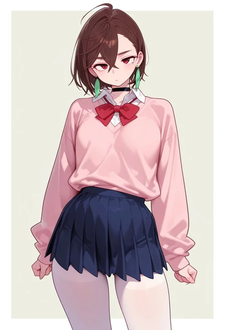 very awa, masterpiece, good aesthetic, best quality, absurdres,  hyper details, beautiful, gorgeous, very awa, masterpiece, good aesthetic, best quality, absurdres, nyalia, pureerosface_v1 easynegative, [:(detailed face:1.2):0.2], 
Ultra detailed body, extremely squishy skin, Soft skin, pure skin, smooth skin, squishy skin, matte skin,
ayasemomo, hair between eyes, crossed bangs, green earrings,  brown hair, red eyes, black choker, short hair, white shirt, red bowtie,pleated skirt,school uniform, pink cardigan, long sleeves
shiblkhose, white pantyhose, fine fabric emphasis,