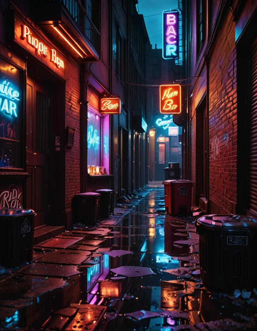 A highly detailed and realistic photograph of a dark alleyway behind a bar at night. The narrow passage is dimly lit by a flickering neon sign casting a moody red and blue glow onto the wet pavement. The walls are made of old, weathered brick covered in graffiti, with metal fire escapes zigzagging above. Trash bags and discarded crates are scattered along the alley, and a few puddles reflect the neon lights, adding depth to the scene. A single, dented metal door with a small, barred window leads into the back of the bar, with a faint warm light seeping through the cracks. The air is thick with mist, and the distant hum of the city is broken only by the occasional drip of water from a rusted drainpipe. A sense of mystery and urban grit fills the atmosphere, evoking a cinematic, noir-style aesthetic.
<lora:SDXLFaeTastic2400:0.4> <lora:extremely_detailed:0.4> extremely detailed, <lora:all3yway-ill:1>,all3yway, Masterpiece,best quality,hi res,8k,hi res,8k,award winning,(sharp focus, intricate, highly detailed),