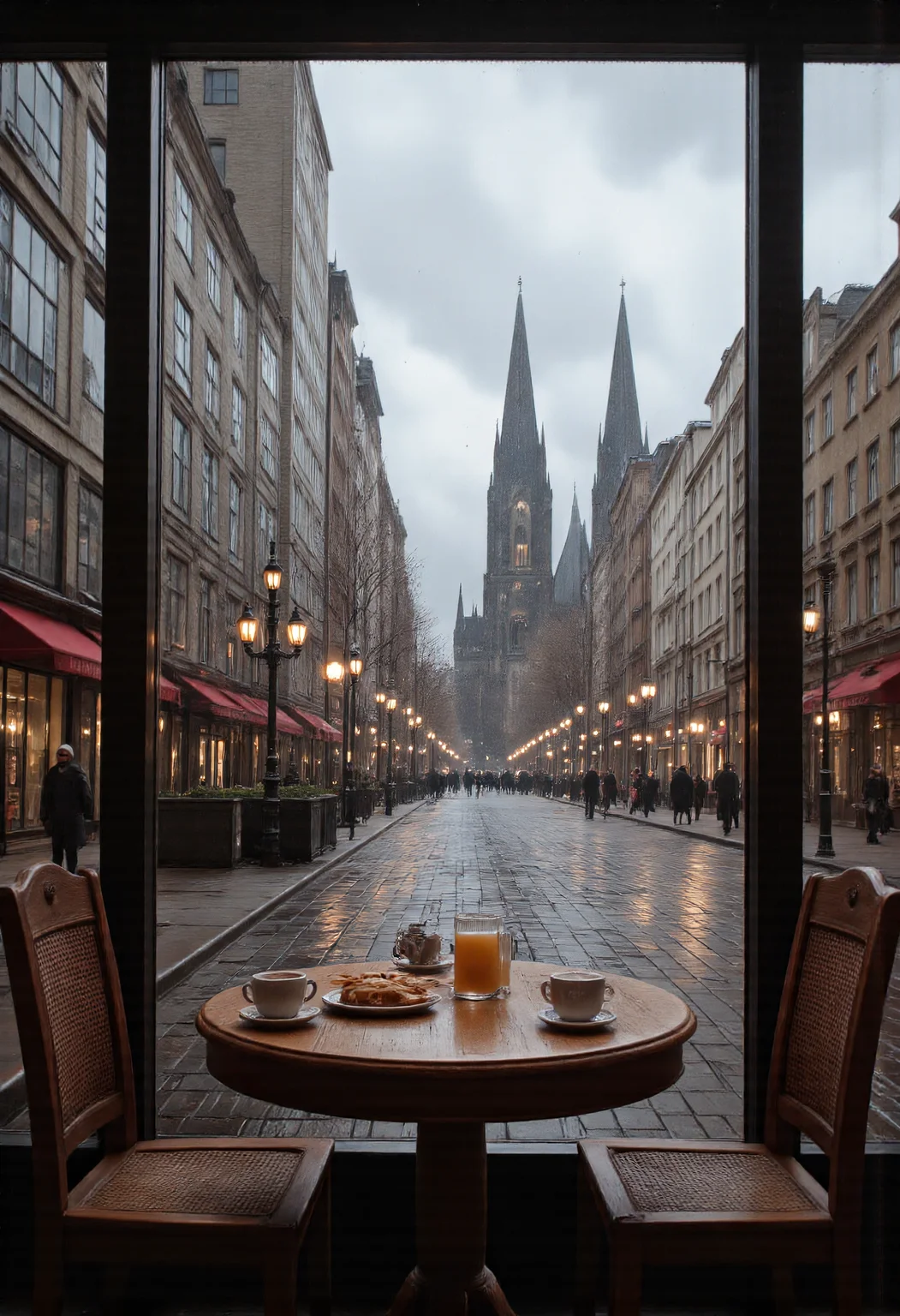 A cozy café scene viewed from a window. The café should be empty, with two tables visible. On the nearest table, there should be two coffee cups, a small orange pastry, and a tall glass of iced tea. The table should be wet from rain, with water droplets visible. The café chairs should be wooden with wicker backs and seats. In the background, there should be a wet street with reflections of buildings. On the right side, there should be a row of three-story buildings with shops on the ground floor and residential units above. The buildings should be in various colors, including blue, brown, and white, with red roofs. Some of the buildings should have awnings. On the left side of the street, there should be a large cathedral with two tall spires visible in the distance. The cathedral should be brown with white trim. There should be a few people walking on the sidewalk, dressed in dark clothing. The sky should be overcast and gray, with rain falling. There should be a few bare trees visible, indicating it's winter. The overall atmosphere should be moody and atmospheric, with the rain and wet surfaces creating a reflective, dreamy quality. The style should be photorealistic, with attention to details like reflections on wet surfaces, the texture of the pastries, and the play of light and shadow in the scene., aidmaRealisticPeoplePhotograph <lora:RealisticPeoplev0.2:1>, aidmaimageupgrader <lora:aidmaImageUpraderv0.3:0.5> <lora:Sinfully_Stylish_.02_for_FLUX:1>, aidmaMJ6.1 <lora:aidmaMJ6.1v0.4:0.6>