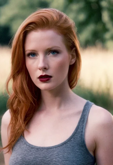 ((analog)) photo ginger woman outdoors, (provocative expression), glossy dark lipstick, blue eyes, tank top, soft focus, depth of field, ((looking at viewer, film grain, masterpiece)) <lora:EuroBabe-v4-XL:0.6>