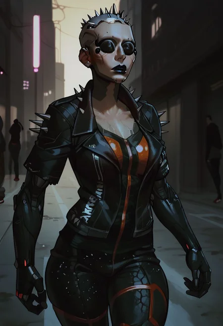 score_9, score_8_up,score_7_up, score_6_up, score_5_up, score_4_up,
BREAK, 1girl, metal scalp with spikes, cybernetic spider eyes, matte black cybernetic arms, light skin, black block tattoos, glossy black lipstick, spiked leather jacket, black sequined pants, red and silver sneakers,
BREAK, walking, full body shot, rainy city street, neon signs, wet pavement, blurred city lights, futuristic buildings, urban setting, night time, moody atmosphere, glowing streetlights, cyberpunk style, bustling background,
BREAK, aesthetic, wallpaper, high quality, upper body, bright colors, high contrast, dark background, vivid lighting,