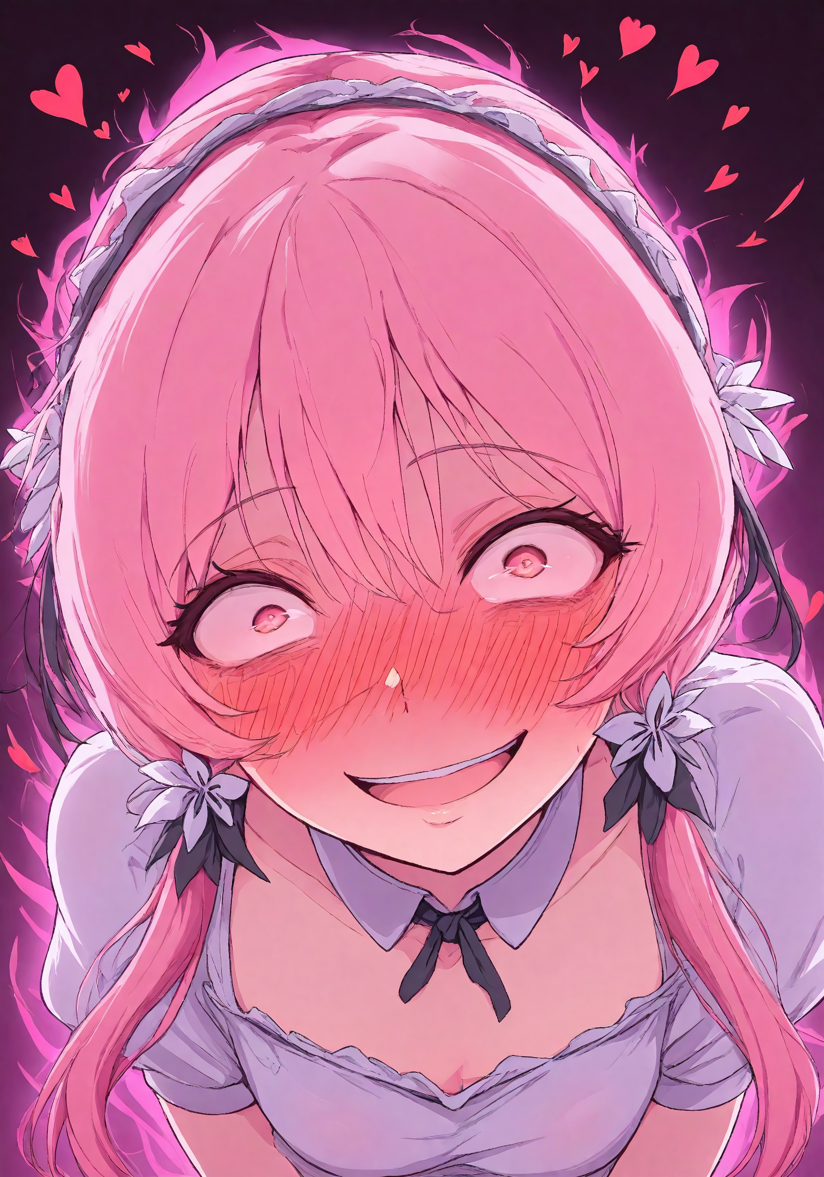 Stable_Yogis_Illustrious_Positives, masterpiece, high_quality, highres, flat_colors, gradient, long_lashes, blush, looking_at_viewer, dynamic_angle, cinematic, side_view, hearts, ethereal_aura, uwu, big_eyes, crazy eyes, yandere,