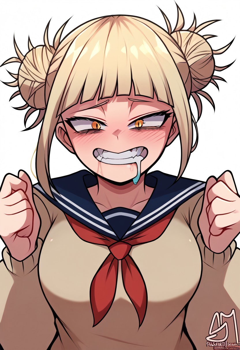 Toga_Himiko, yellow_eyes, blonde_hair, double_bun, slit_pupils, messy_hair, medium_hair, sidelocks, medium_breasts, brown_cardigan, blue_sailor_collar, school_uniform, red_neckerchief, blue_skirt, miniskirt, sexy pose, psychotic look on face, drooling, sexy pose, Wedgie, panty pull