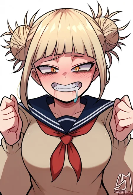 Toga_Himiko, yellow_eyes, blonde_hair, double_bun, slit_pupils, messy_hair, medium_hair, sidelocks, medium_breasts, brown_cardigan, blue_sailor_collar, school_uniform, red_neckerchief, blue_skirt, miniskirt, sexy pose, psychotic look on face, drooling, sexy pose, Wedgie, panty pull