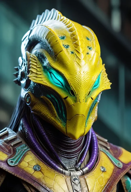 ultra realistic, realism, aquatic, reptilian fish alien, Genestealer, cinematic, mechanical face mask, indentation, beveling, edge bevels, wearing leather science fiction armor, (((without helmet))), (((no helmet))), exudes confidence and power, talons, claws, crustacean, Colors: yellow and turquoise and violet, volumetric lighting, realistic subsurface scattering , cinematic low-key portrait photography, hyper detailed, texture, 8k, HD, UHD, perfect texture, featured on Artstation, top of Pinterest, (((no eyes)))