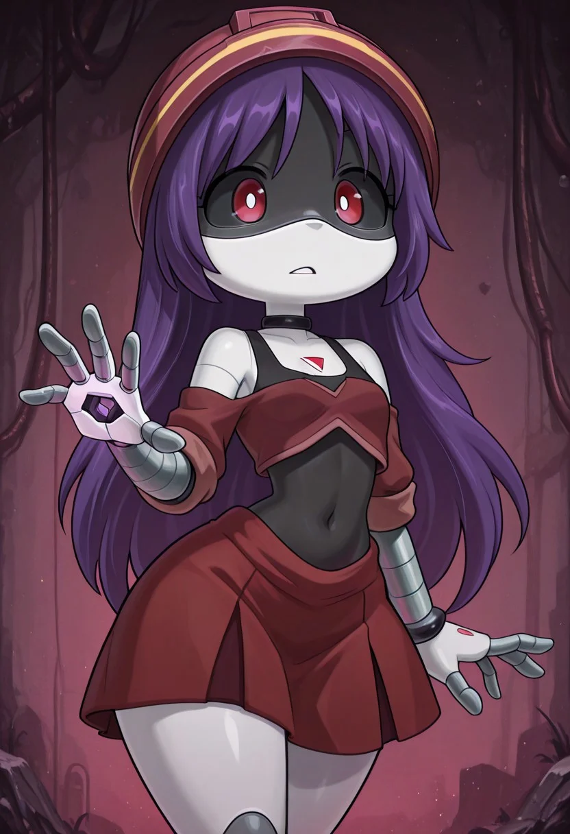 masterpiece, best quality, amazing quality, very aesthetic, absurdres, 1girl, solo, (visor, no sclera), D0ll, , Purple Hair, Red Eyes, Robot, Visor, white skin, long hair, red helmet, iridescent rainbow highlights, kuudere expression, small chest, red crop top, black tank top, robot, rolled up sleeves, midriff, choker, bracelets , white pupils, red skirt, exposed shoulder, klskx, big ass, wide hips, dynamic pose, one hand raised, absolute solver on hand, made in abyss style
