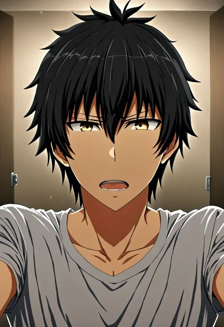 high resolution, solo, best quality, 1Boy, Seiya Kanie, black hair, short hair, kabedon POV, T-Shirt, OverallDetail