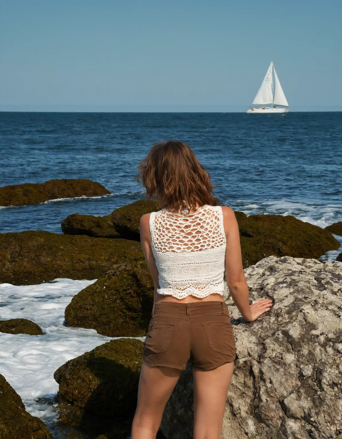 woman, ocean view, standing on rocks, back to camera, white crochet top, brown shorts, waves, algae-covered rocks, horizon, sailboat in distance, blue sky, tranquil scene, outdoor, sunlight, serene, day time, leisure, nature, landscape, wide shot, Fujifilm XT3, Canon R5, Fujicolor Fujichrome Velvia 100