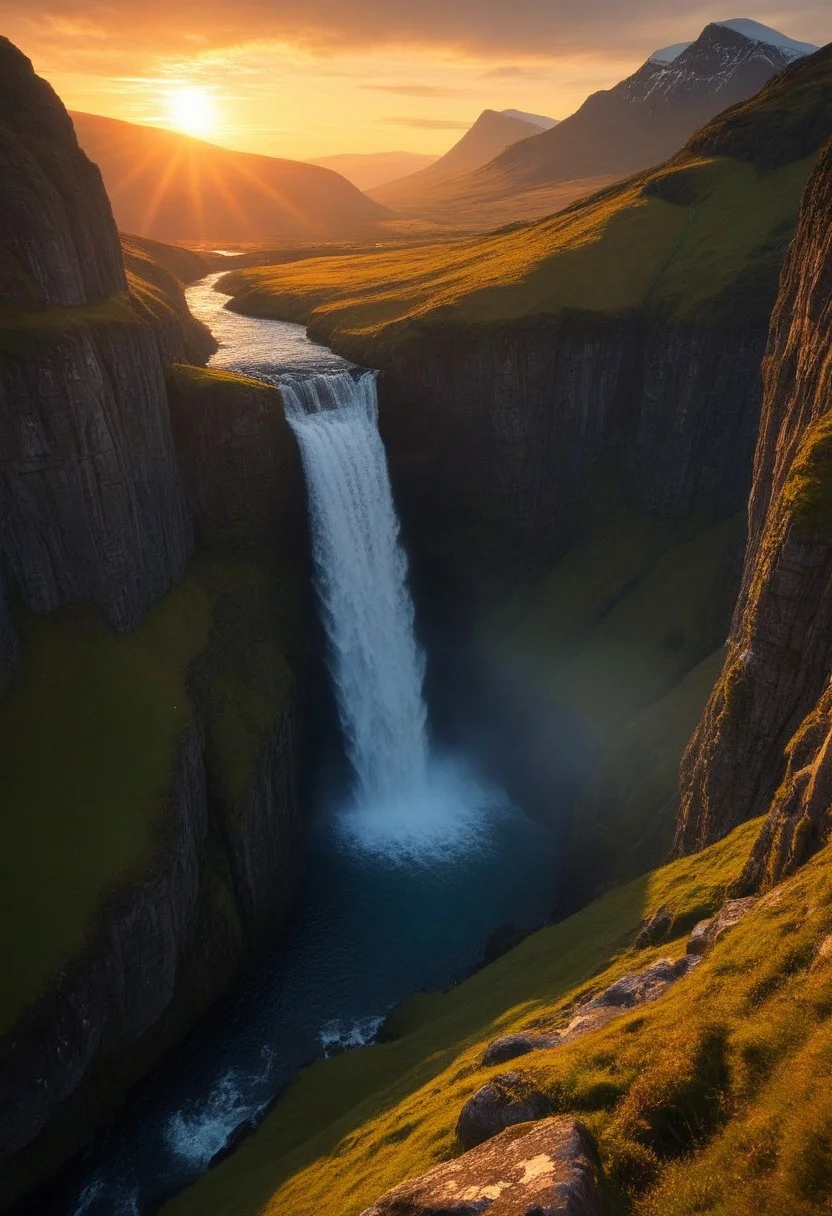 Scottish cliffs, waterfall, Dream Scenery,
detailxl, valley, mountains, rocks, spring, sunset