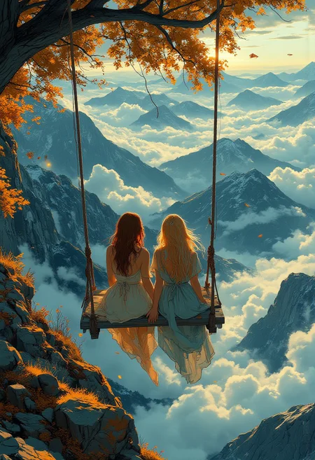 score_9, score_8_up, score_7_up, dark and restless composition. Stunning top view of a tranquil scene in the mountains: two women, 25 years old, different colored hair, long hair. long elegant dresses, sitting together on a wooden swing. wooden swing on branch above the clouds. free shoulders. dress blowing in the wind. simple wooden boards, rustic rope. Above you can see the very detailed mountains. are hidden. ethereal light. vivid contrast. hyperrealistic, cinematic style. surreal touch. The light is warm.
aidmamj6.1, vivid color, vivid background,