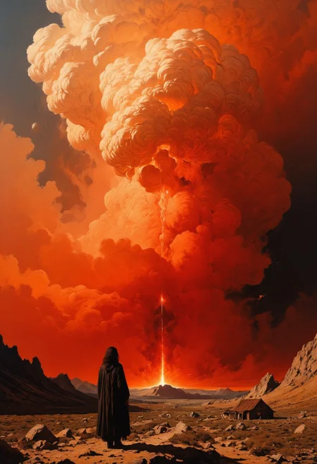 highly detailed and hyper realistic and dynamic. This image is a highly detailed, vividly colored digital painting depicting a dramatic wildfire. The painting, likely created using digital illustration software, features a massive, fiery red-orange cloud of smoke towering over a barren, rocky landscape. The sky is almost completely painted in an intense orange red tone of the fire, smoke and cloud. Only a small part of the sky in the upper left corner of the image is a muted gray, contrasting sharply with the intense orange red of the wildfire. In the foreground, a lone female figure in a long, dark coat stands with her back to the viewer, gazing at the fire. The figure is silhouetted against the bright sky, adding a sense of scale and isolation. The lighting is natural. The background is in focus, showing a distant, dark mountain range and a few small, indistinct huts burning in the fire. The painting's style is realistic with a highly surreal touch and an emphasis on dramatic lighting and vivid colors. The aesthetic quality of the image is very high, with excellent use of contrast and detail. The artist's technique showcases a mastery of digital painting, with smooth textures and dynamic composition.