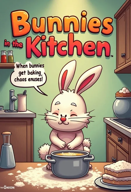 (high quality), (masterpiece), (detailed), 8K, A comical illustration features a clumsy (cartoon rabbit1.3) trying to bake a cake, with (flour covering1.2) every inch of the kitchen. The title "Bunnies in the Kitchen" (emblazoned1.2) in bold, colorful letters above the rabbit, while the tagline "When bunnies get baking, chaos ensues" (written1.3) in a speech bubble coming out of the rabbit's mouth. Shot with Sony Alpha a7R IV and Sony FE 24-70mm f2.8 GM lens, trending on The Onion.